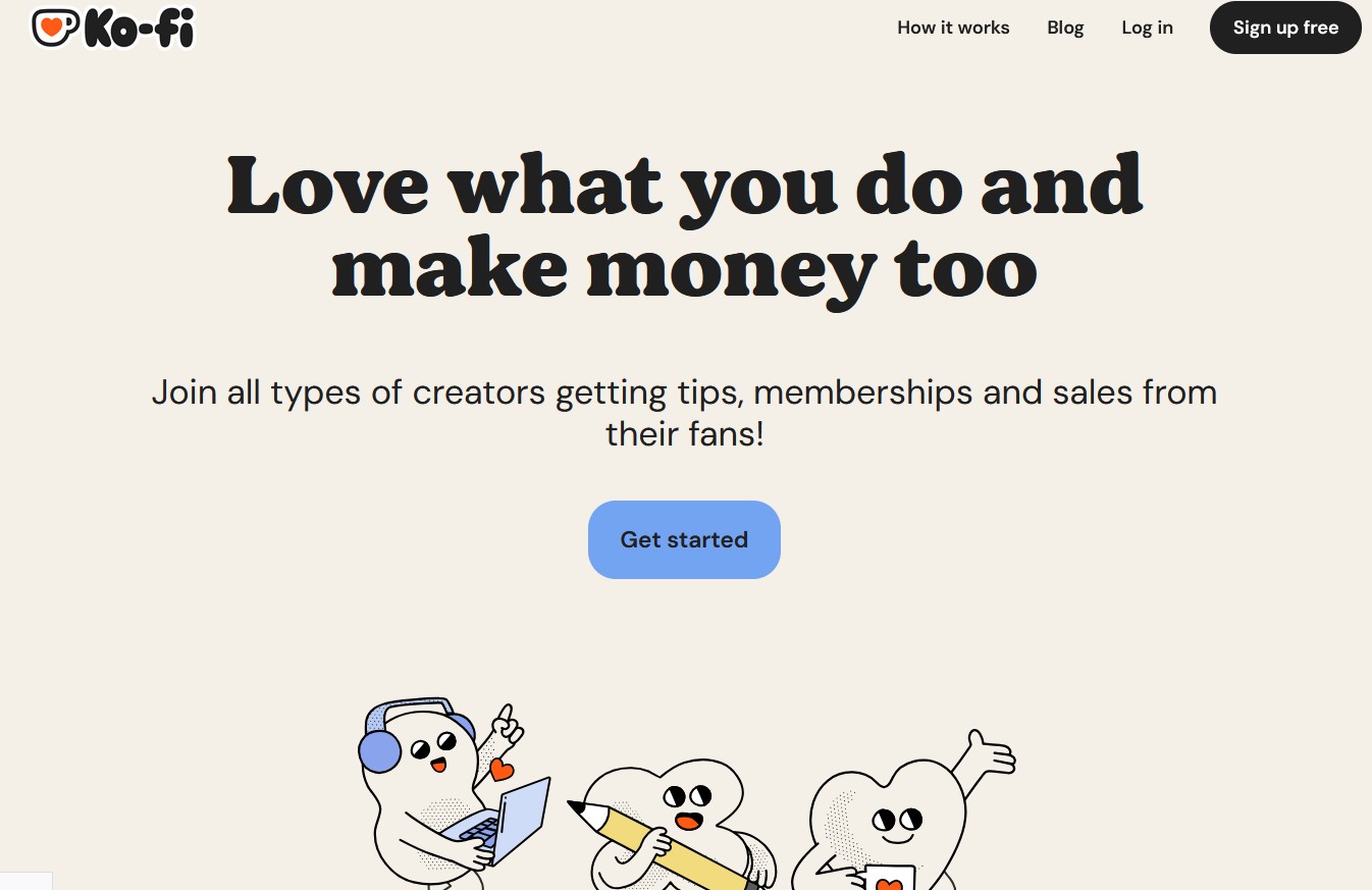 Ko-fi homepage showing the creator tipping and donation platform.