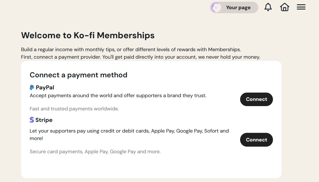 Ko-fi membership subscription feature with tiered perks.