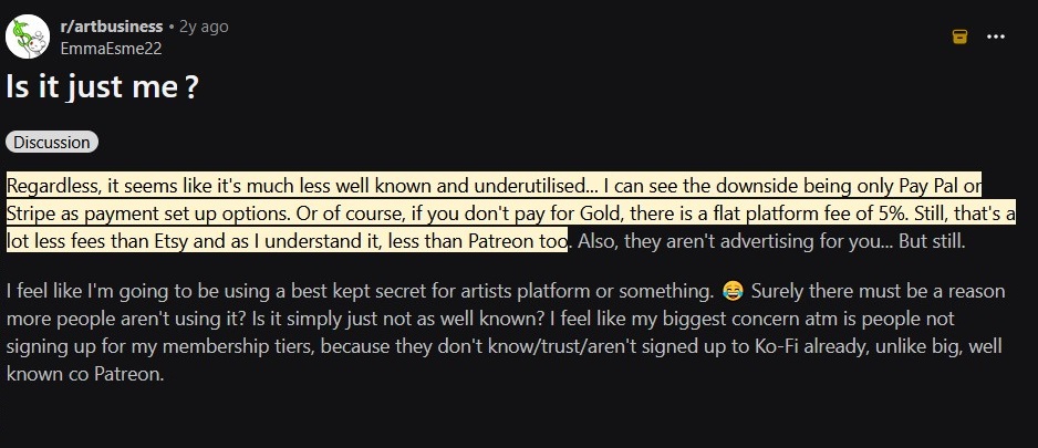 Reddit discussion about Ko-fi's confusing interface and lack of discoverability.