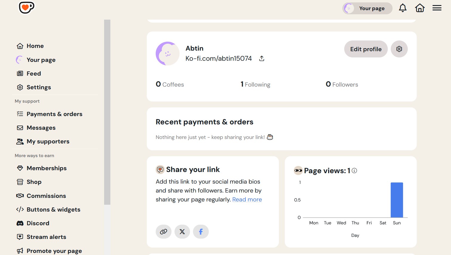 Ko-fi tipping interface showing the one-time donation feature.