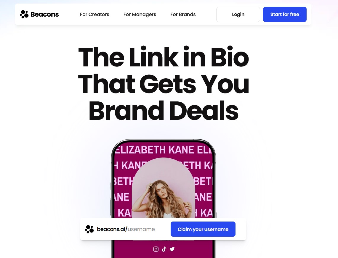 Beacons.ai homepage showing the link-in-bio and creator platform.