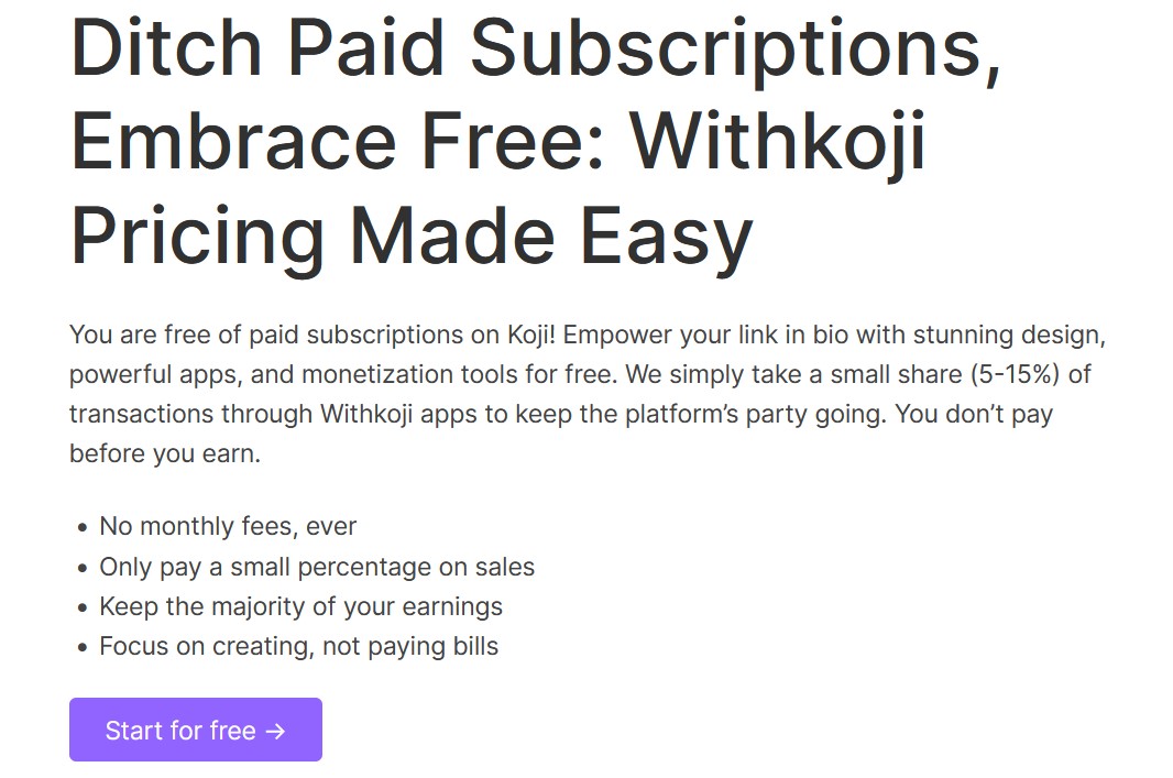 Koji pricing model showing transaction fees for creators.