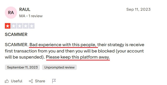 Trustpilot review labeling Koji a scam and warning others to avoid it.