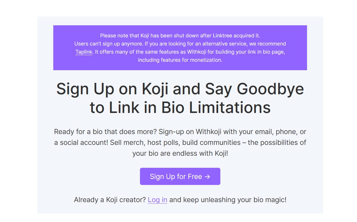 Koji shutdown notice on the official Koji website.