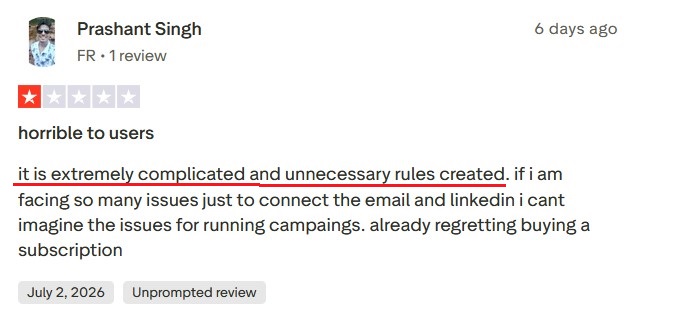 Trustpilot review complaining about opaque cancellation and poor customer support at Lemlist.