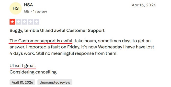 Trustpilot review criticizing Lemlist's credit expiration policy and spam delivery.