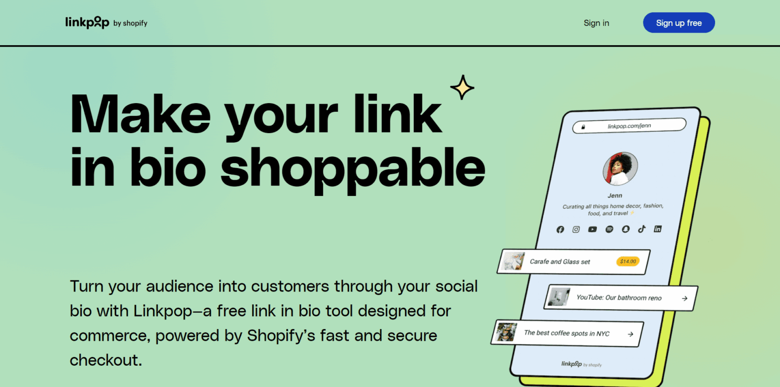 Linkpop homepage showing Shopify's link-in-bio platform.