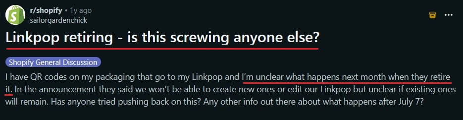 Reddit review about Linkpop's sudden shutdown and sunset phase.