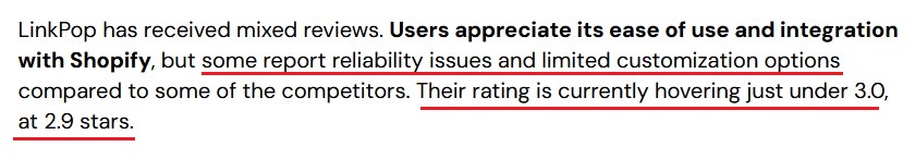 Blog review summarizing Linkpop's mixed feedback and 3.0 star rating.