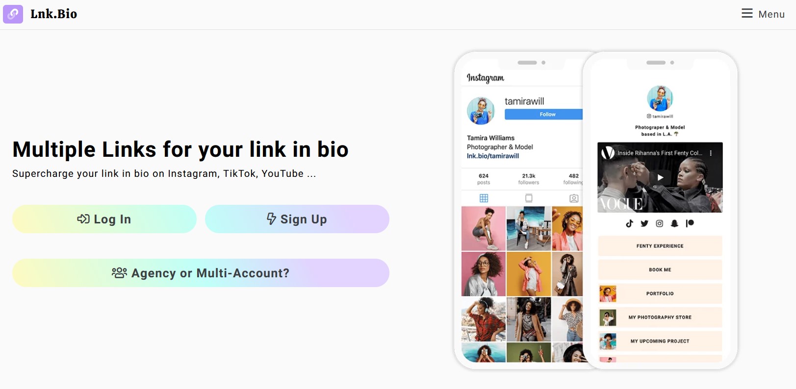 Lnk.Bio homepage showing the simple link-in-bio platform.