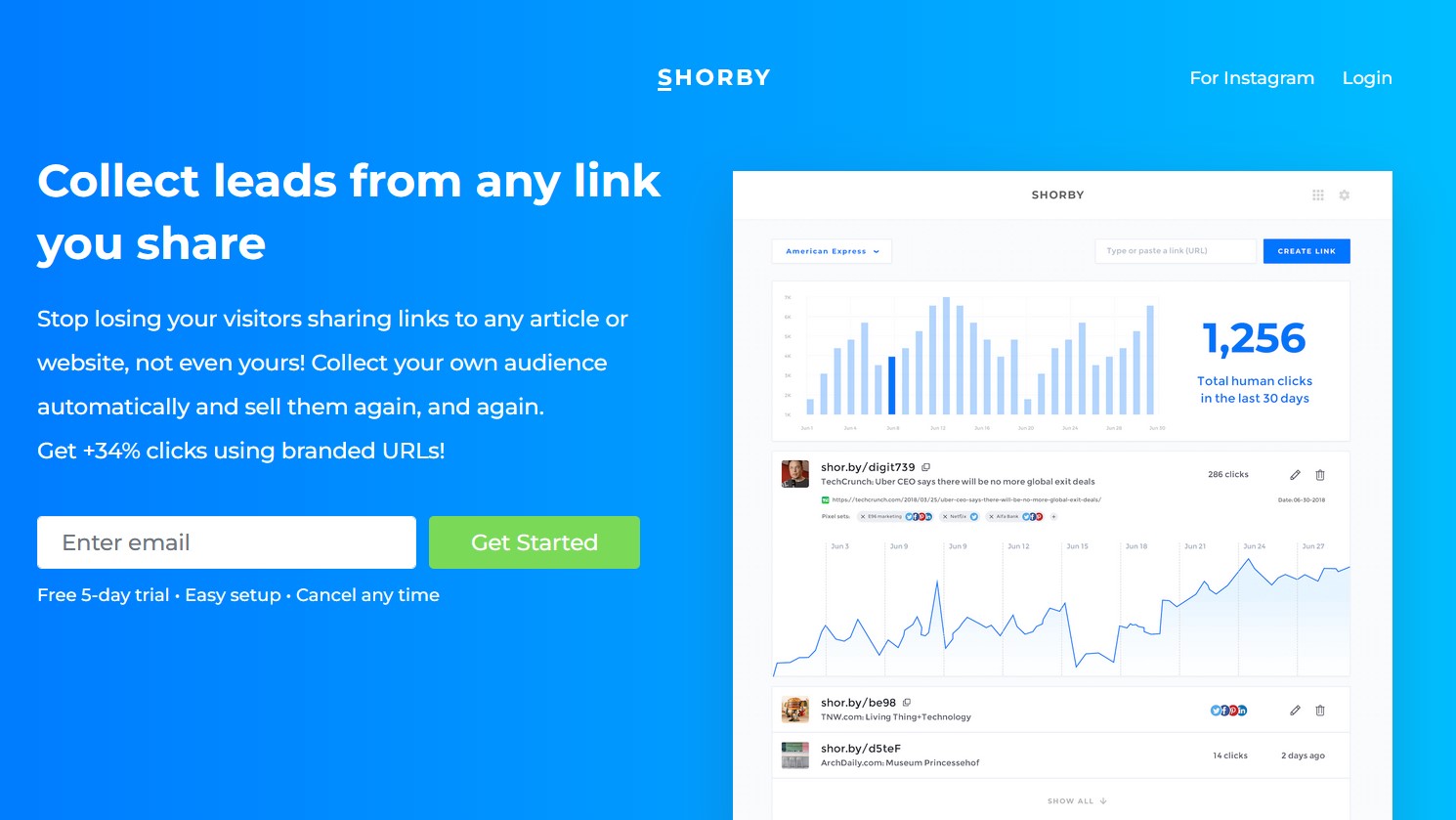 Shorby homepage showing the link-in-bio tool with custom domain support.