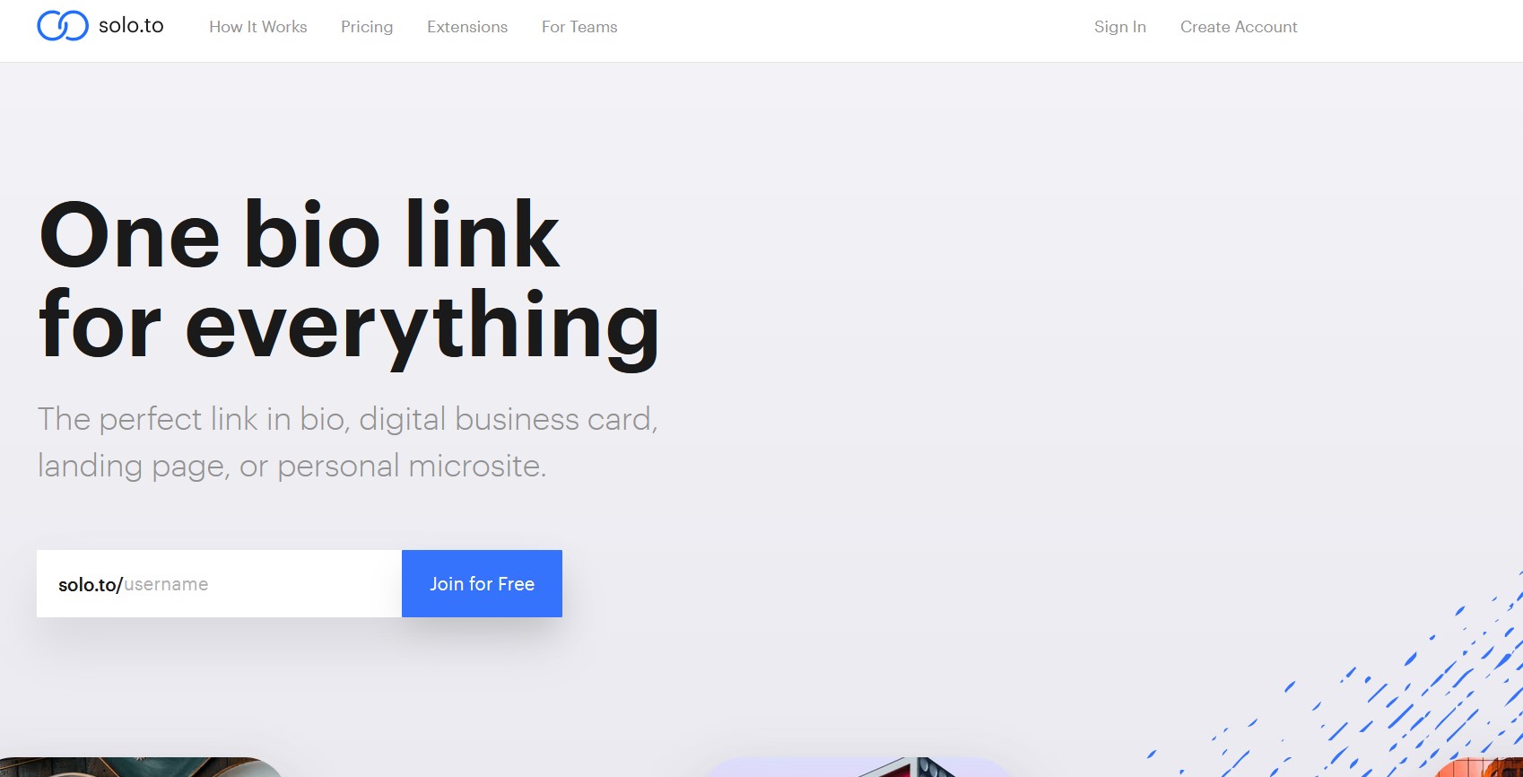 Solo.to homepage showing the customizable link-in-bio platform with creator tools.