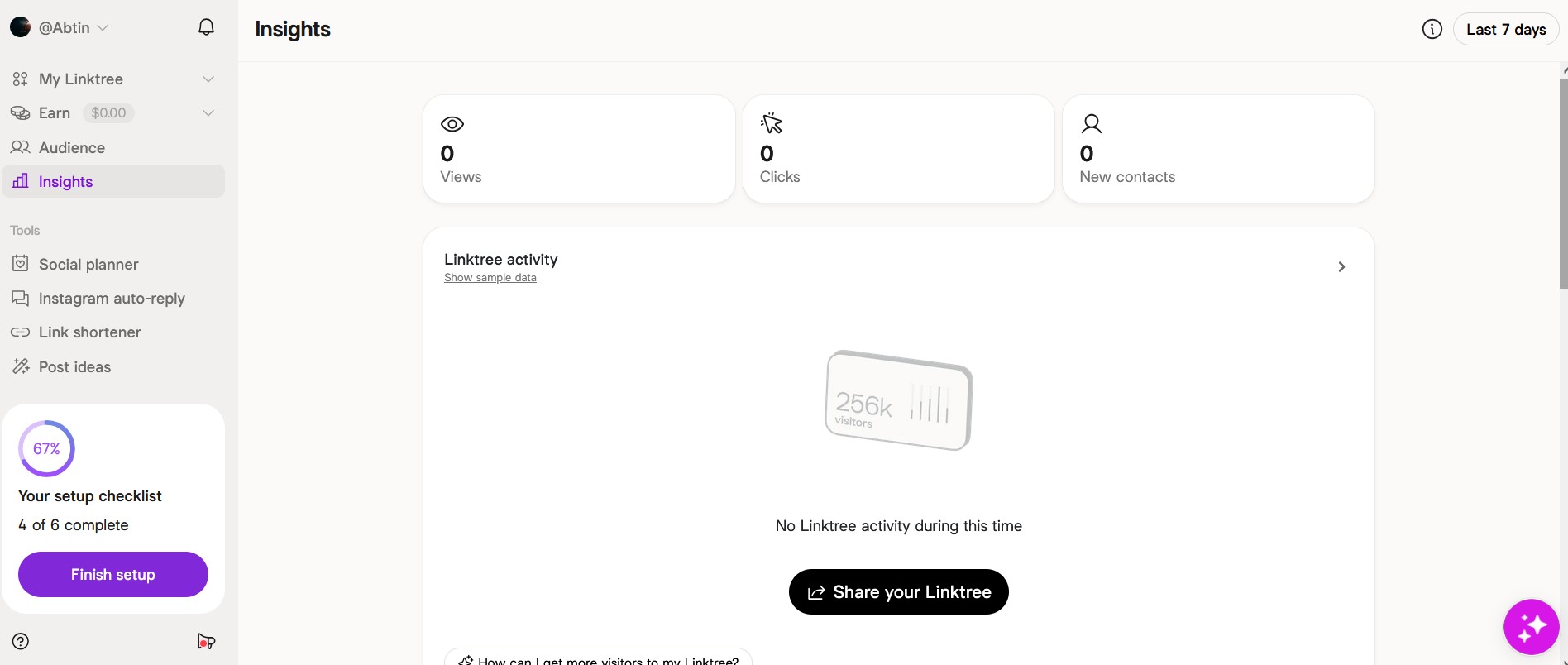 Linktree analytics dashboard showing click counts and page views.