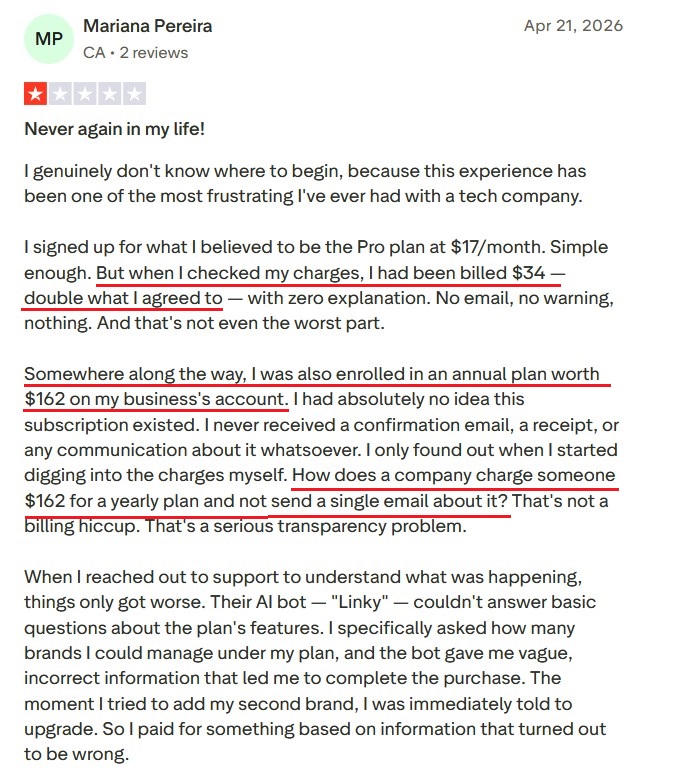 Detailed negative Linktree review about confusing billing and lack of transparency.