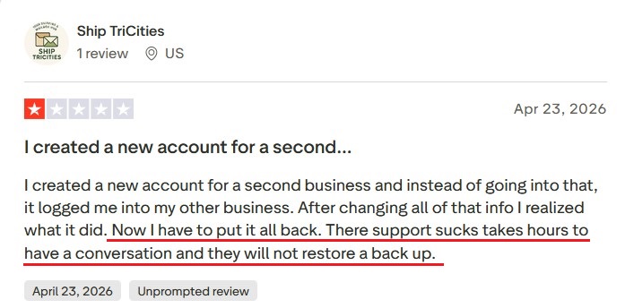 Trustpilot review about Linktree support issues and inability to recover account.