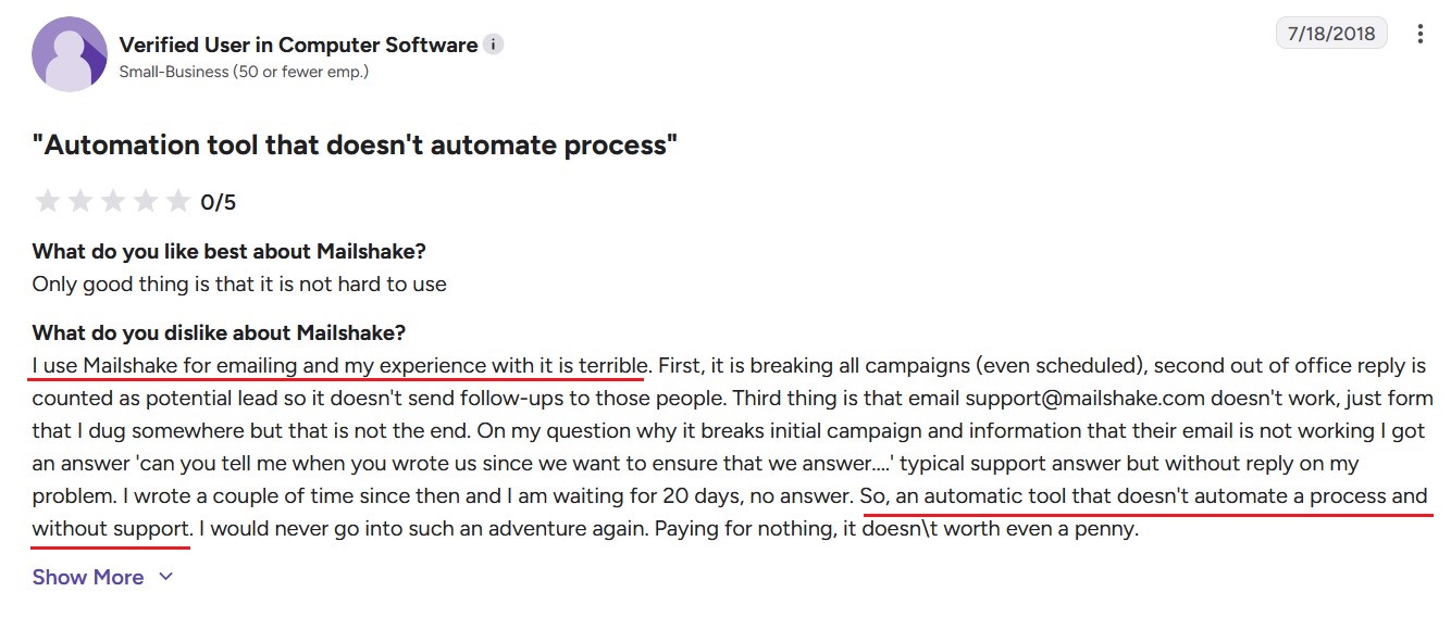 Mailshake user review complaining about mailbox disconnections mid-campaign requiring re-authentication.