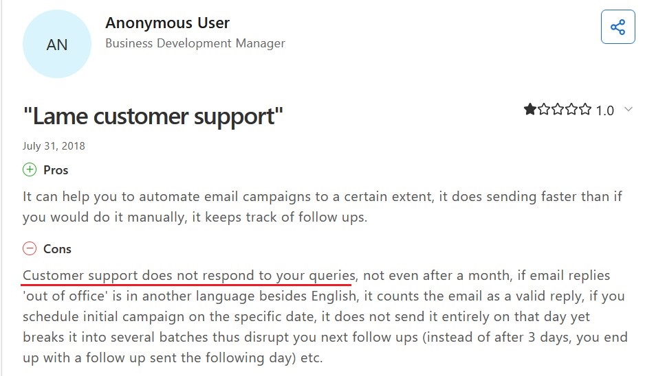 Mailshake user review criticizing customer support quality and slow response times.