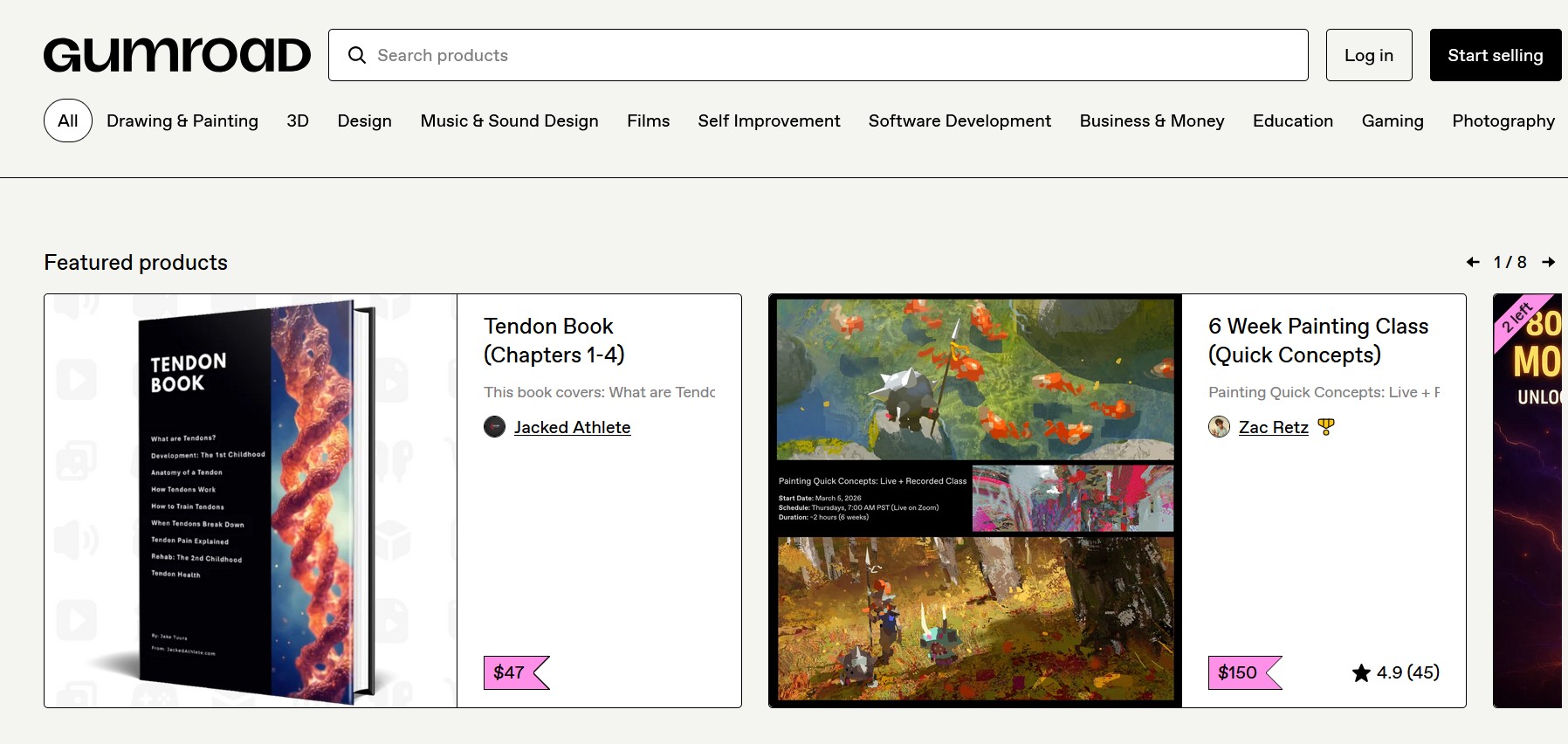 Gumroad homepage showing the platform for creators to sell digital products.