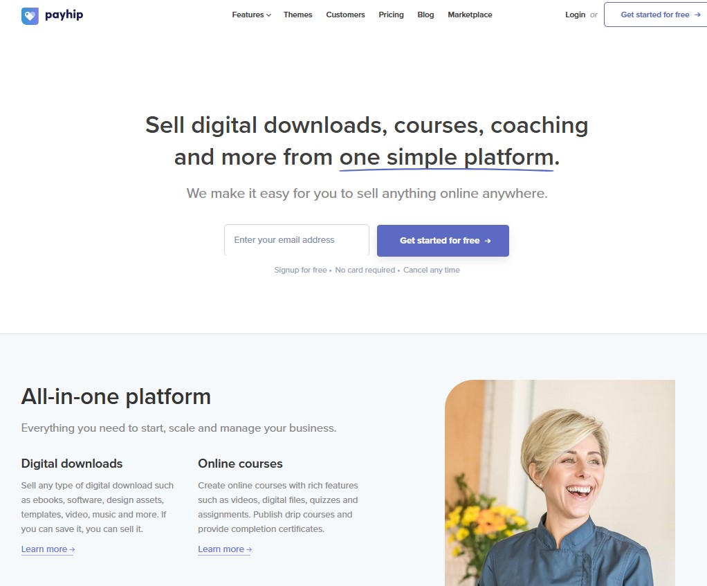 Payhip homepage showing the platform's main selling proposition for creators.