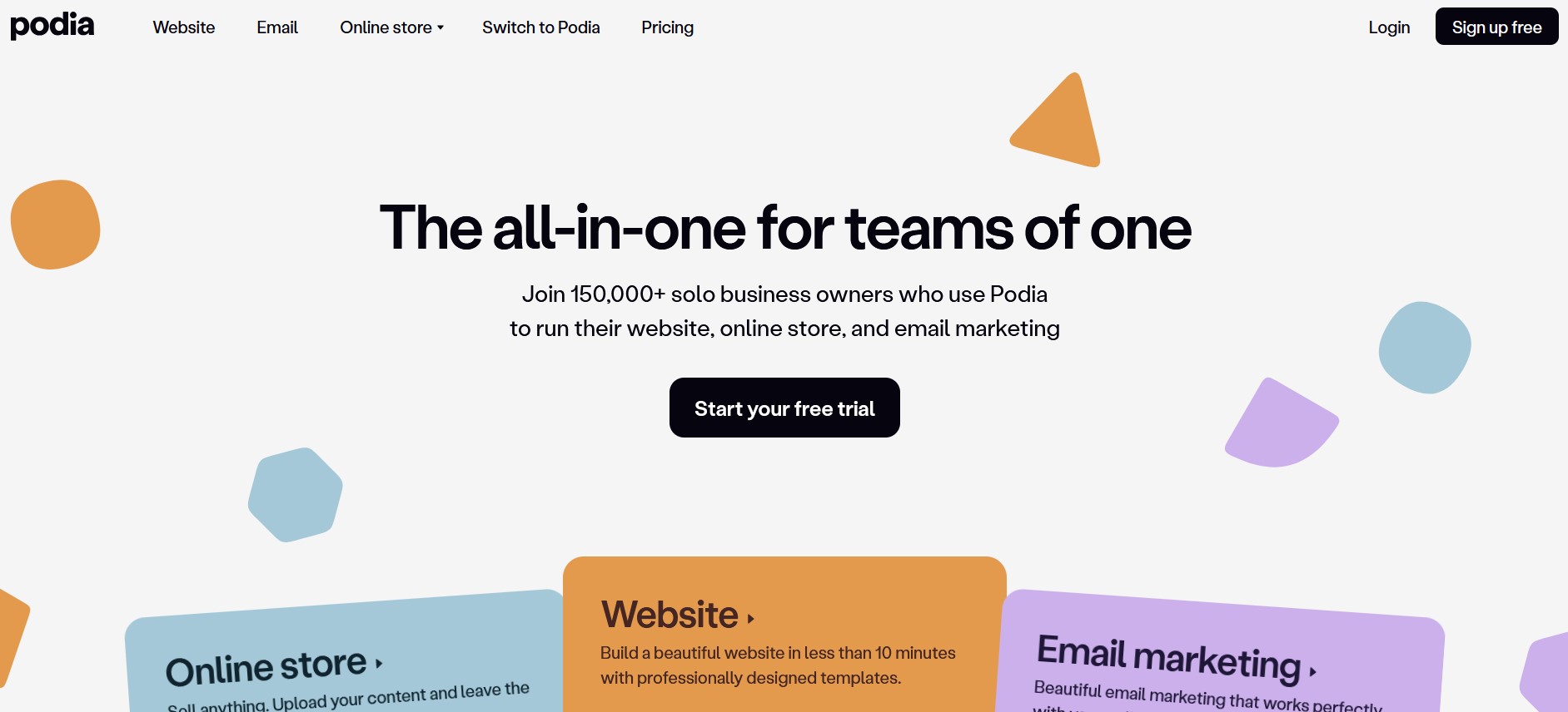 Podia homepage showing the platform for selling courses, memberships, and digital downloads.