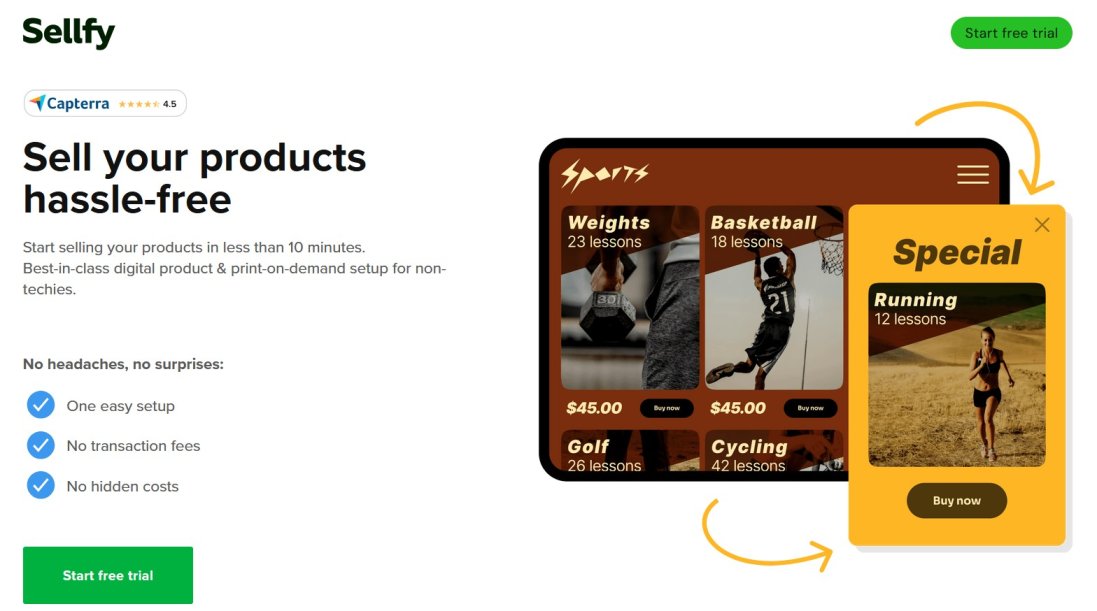 Sellfy homepage showing the headline 'Sell your products hassle-free' and a free trial button.