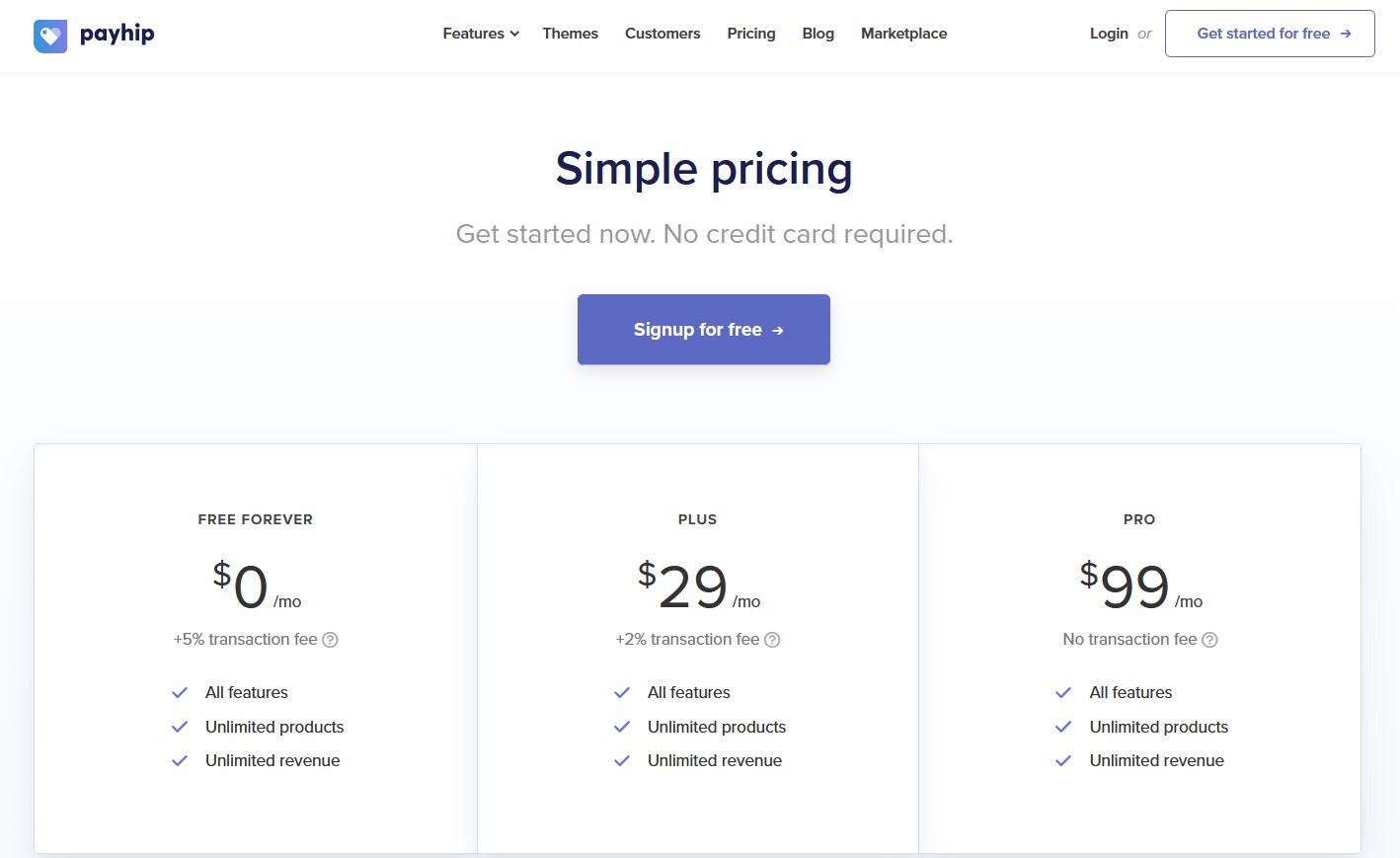 Payhip pricing page showing Free Forever, Plus, and Pro plans with feature breakdowns.