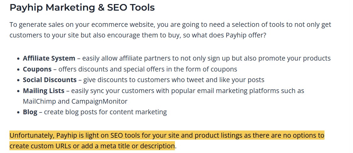 Review highlighting Payhip's lack of SEO customization and blogging tools.
