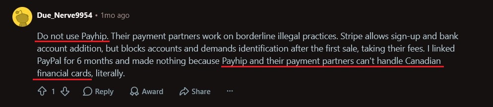 Reddit review warning about Payhip payment processing issues and blocked payouts.