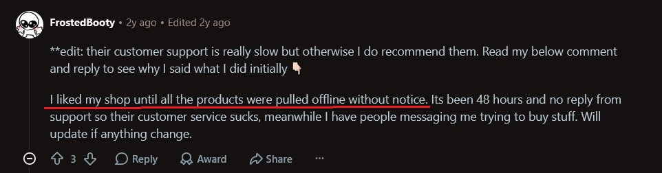 Reddit review describing unexpected Payhip account freeze with products pulled offline.