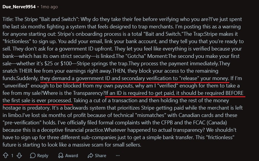 Reddit review about Payhip's limited payment gateway options and Stripe fund holds.