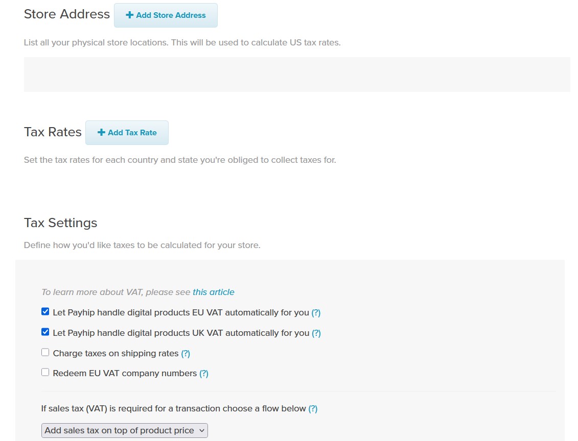 Payhip tax settings panel showing EU/UK VAT automatic handling configuration.
