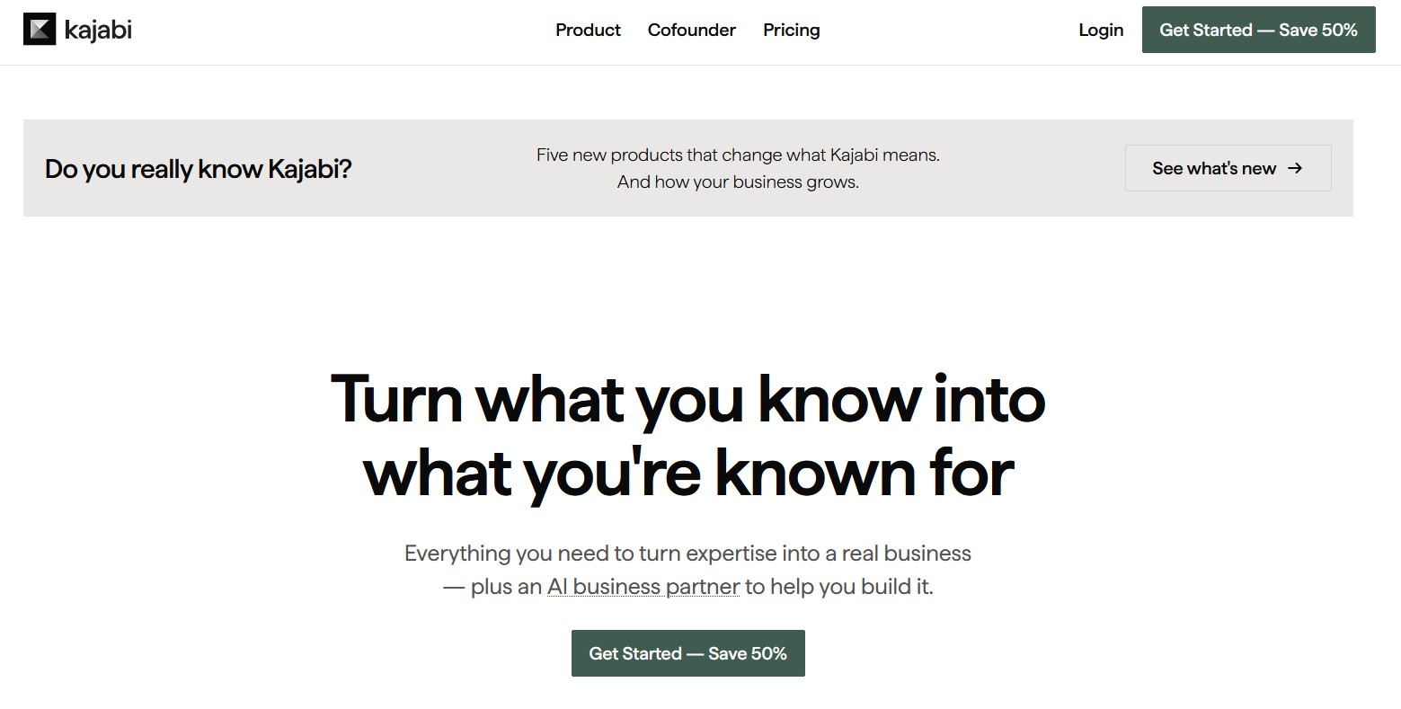 Kajabi homepage showing the all-in-one creator platform.