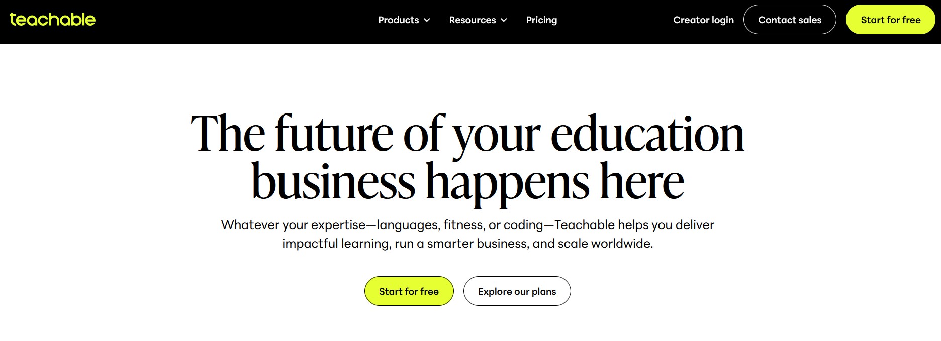 Teachable homepage showing the online course platform.