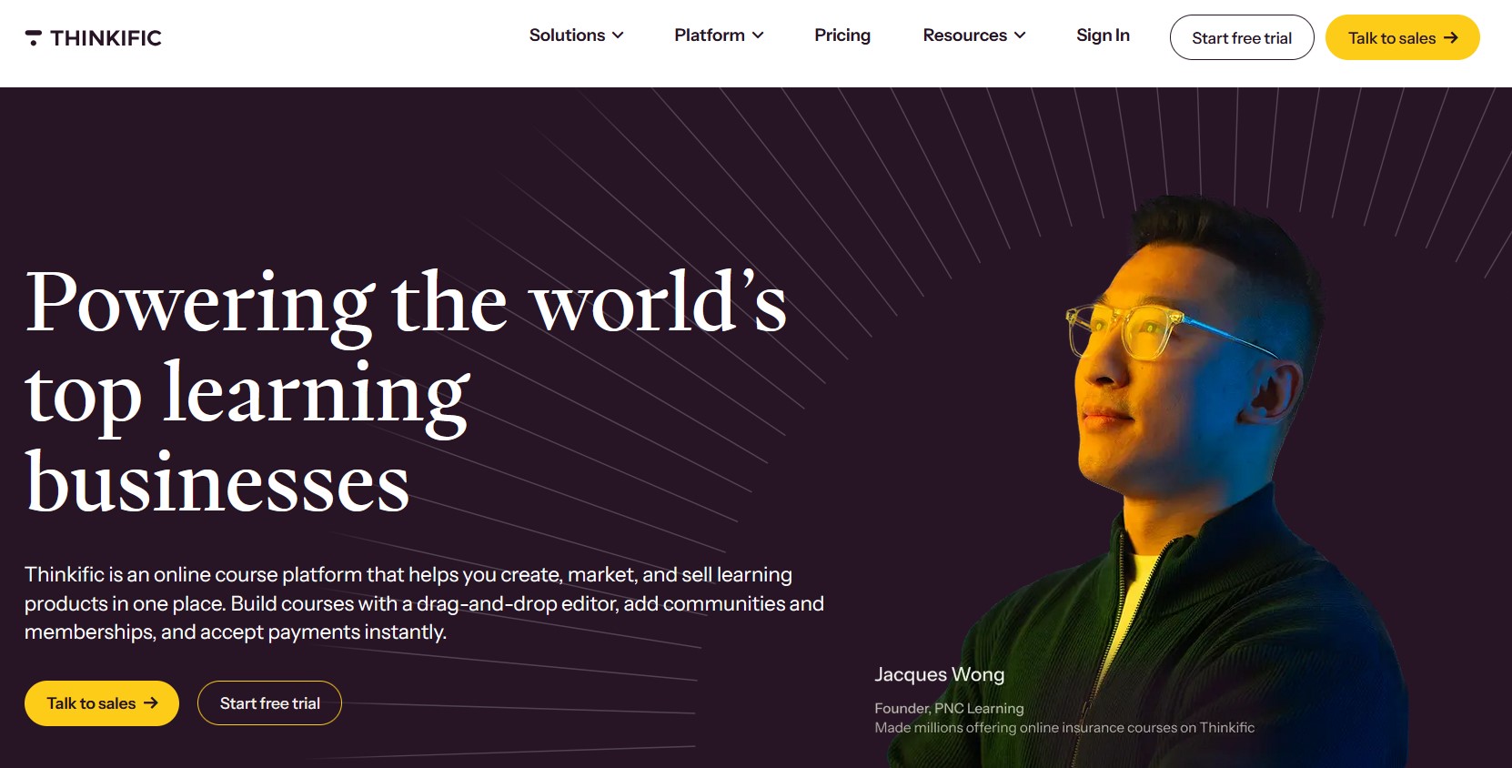 Thinkific homepage showing the course-focused LMS platform.
