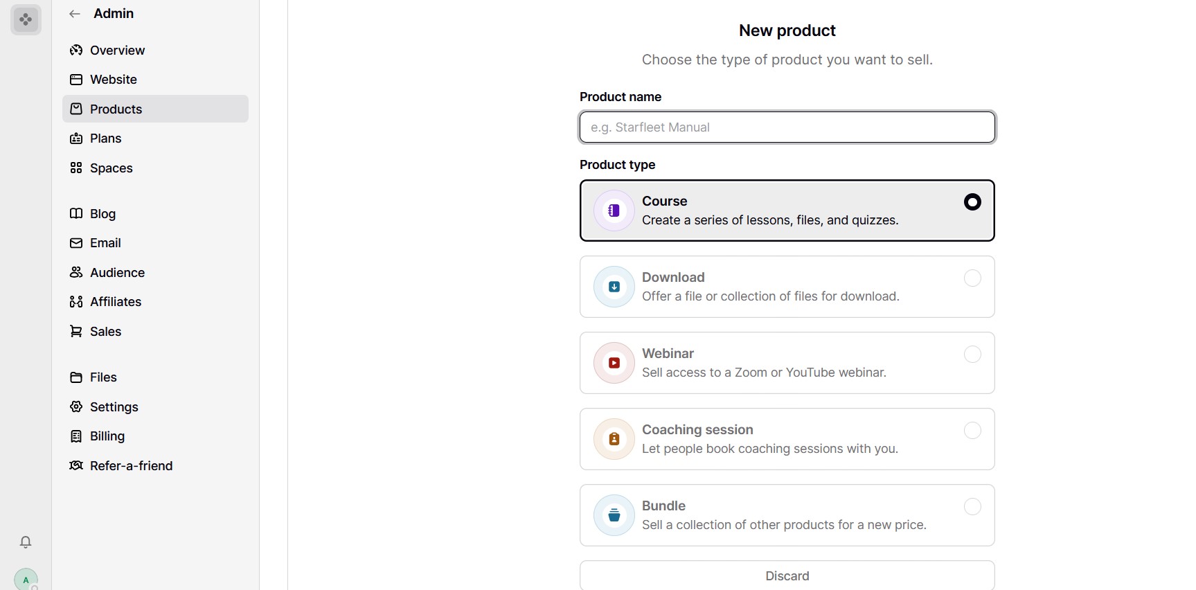 Podia online course builder with lessons, quizzes, and sidebar navigation.