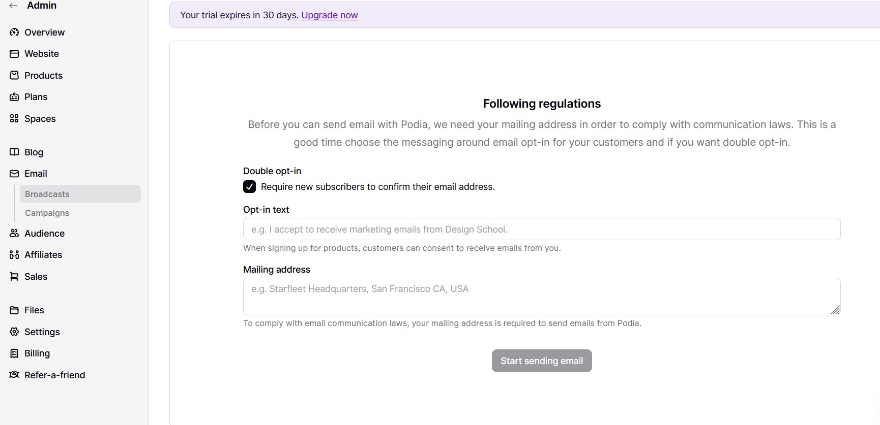 Podia email marketing tool with templates, broadcasts, and drip campaigns.
