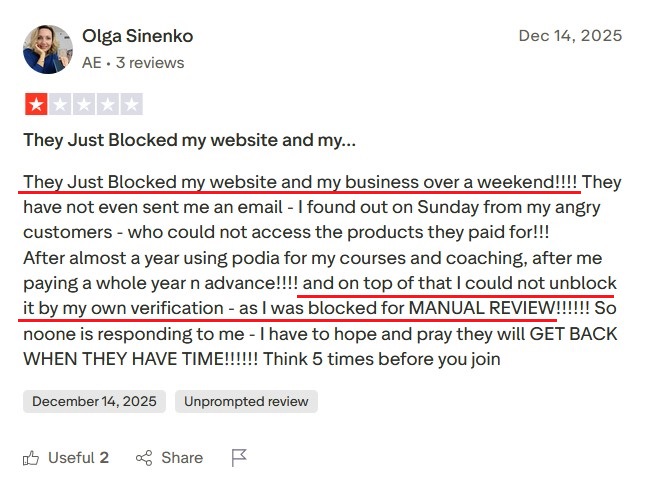 Trustpilot review about Podia account lockout and blocked website access.