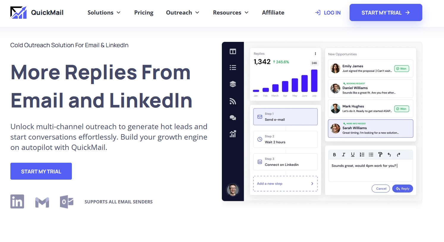 QuickMail dashboard - deliverability-focused cold email platform with multi-step sequences and LinkedIn outreach.