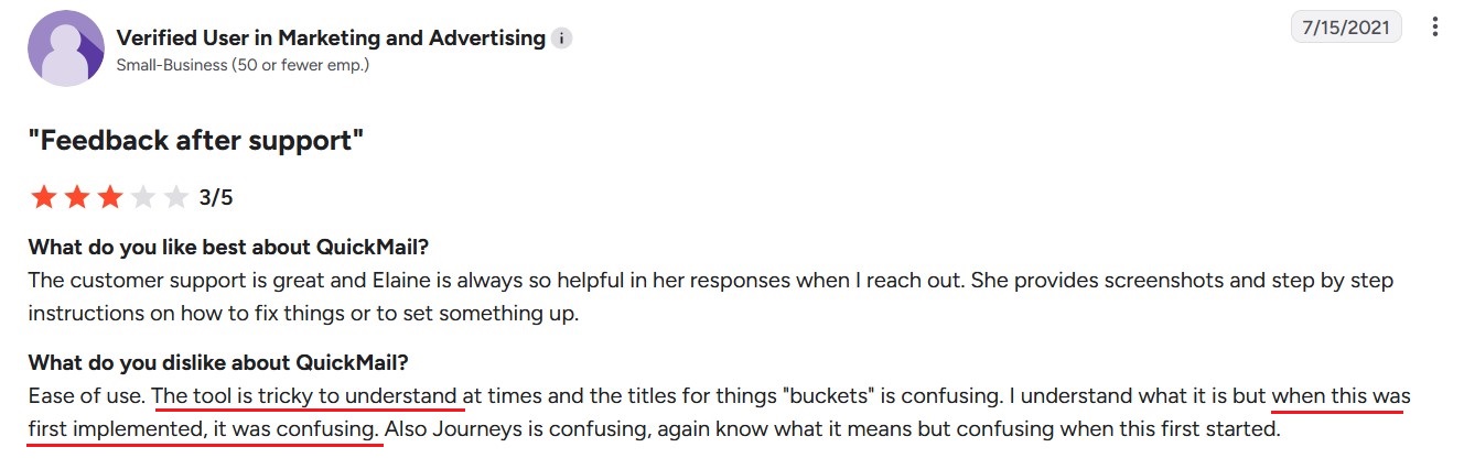 QuickMail user review reporting steep learning curve for new users navigating features.