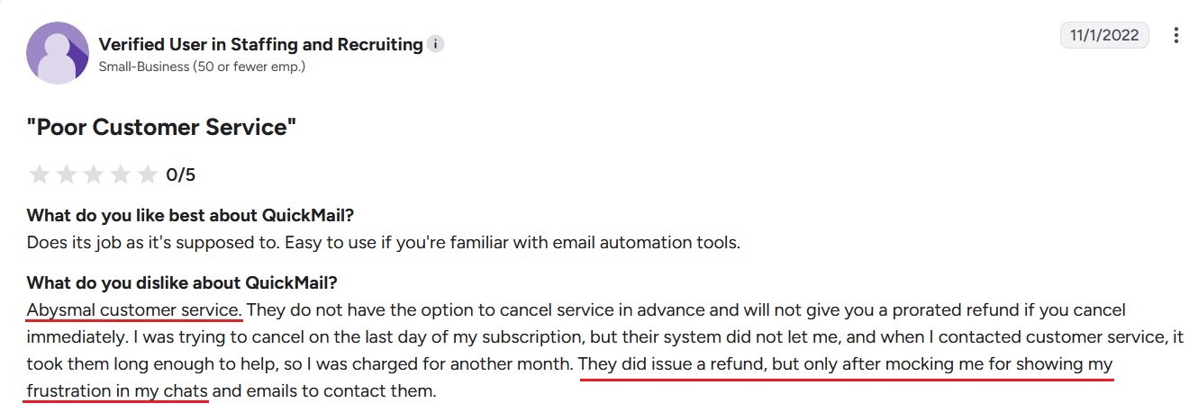 QuickMail user review criticizing customer service quality and refund request handling.