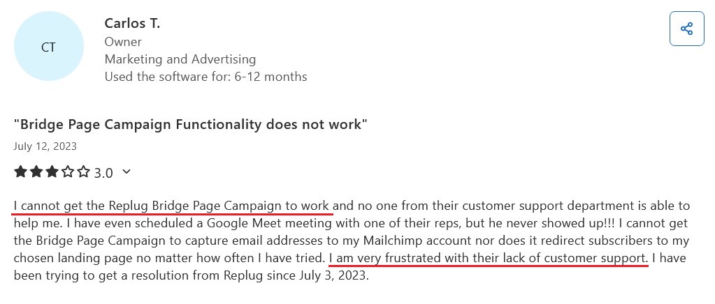 Replug user review reporting inconsistent support with generic replies and a no-show scheduled call.