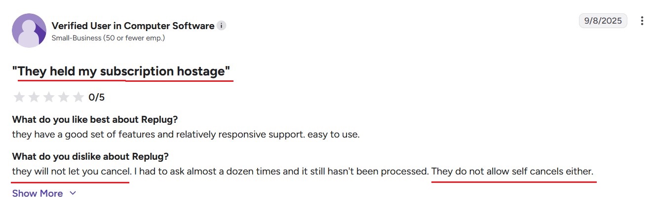 Replug review complaining about inability to cancel subscription and no self-cancellation option.