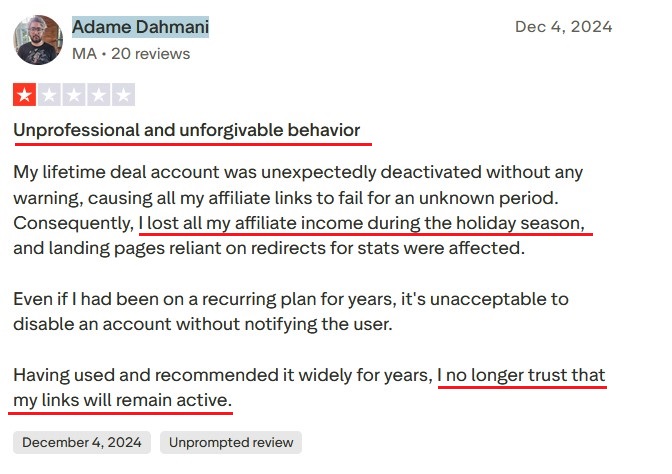 Replug review reporting sudden account deactivation causing significant business disruption.