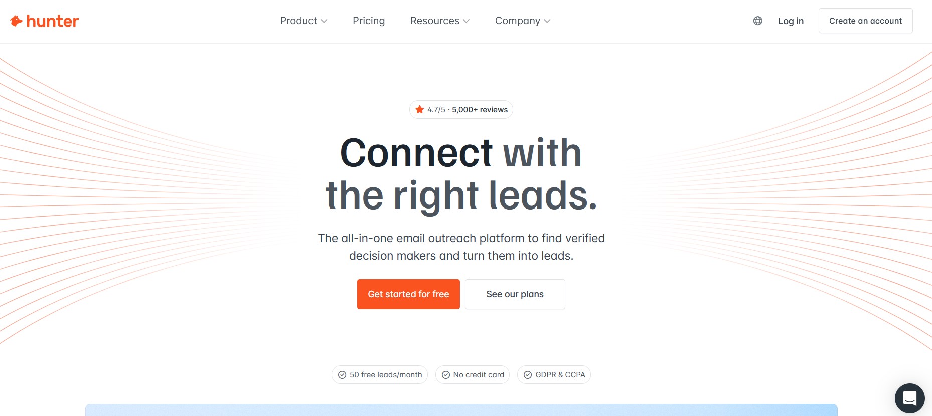 Hunter.io homepage - an email finder and verifier RocketReach alternative built around company domains.