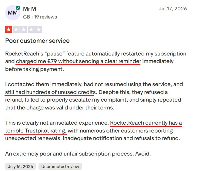 RocketReach Trustpilot review about a paused subscription quietly restarting and a refused refund.
