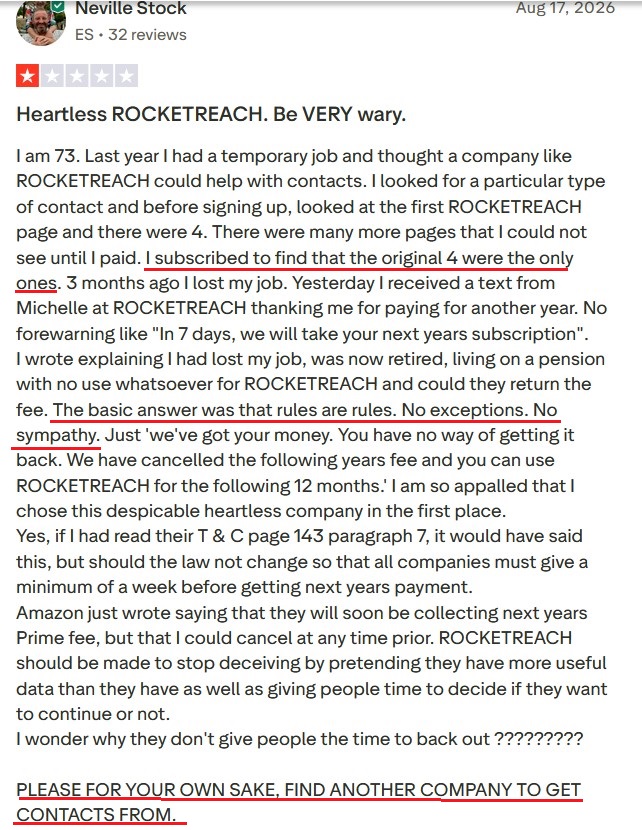 RocketReach review from a retired user in Spain whose plan auto-renewed and whose refund was declined.