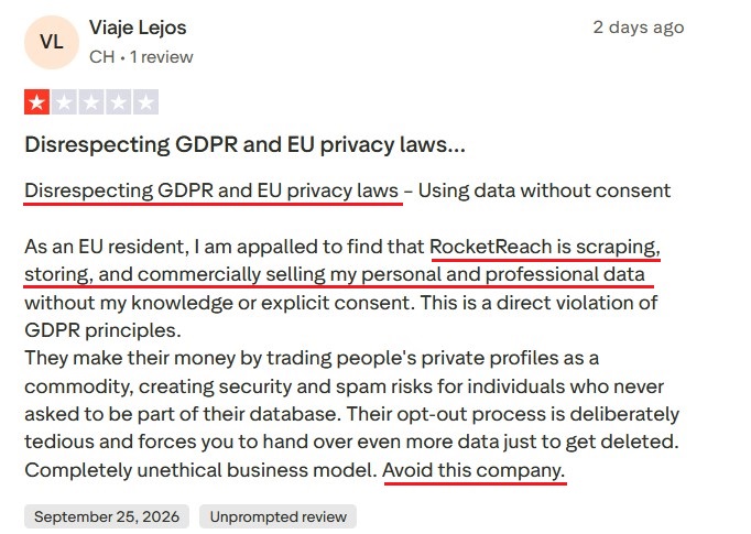RocketReach review from an EU professional whose data-deletion request was confirmed but whose profile stayed public.