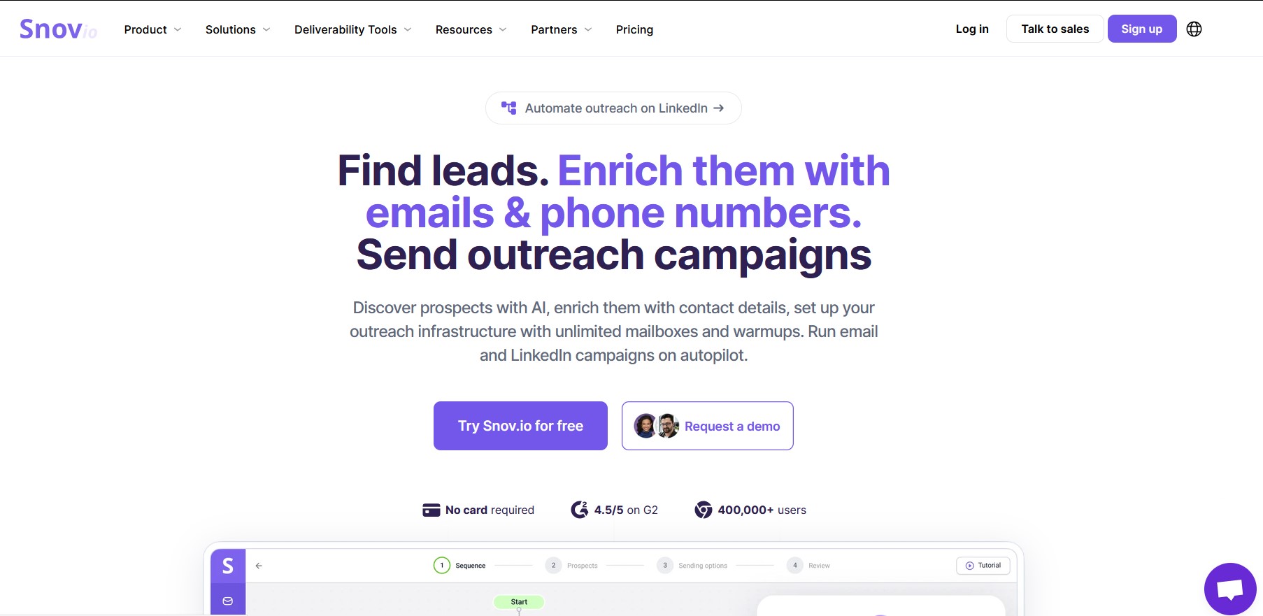 Snov.io homepage - a budget all-in-one RocketReach alternative with email finder, drip campaigns, and a free CRM.
