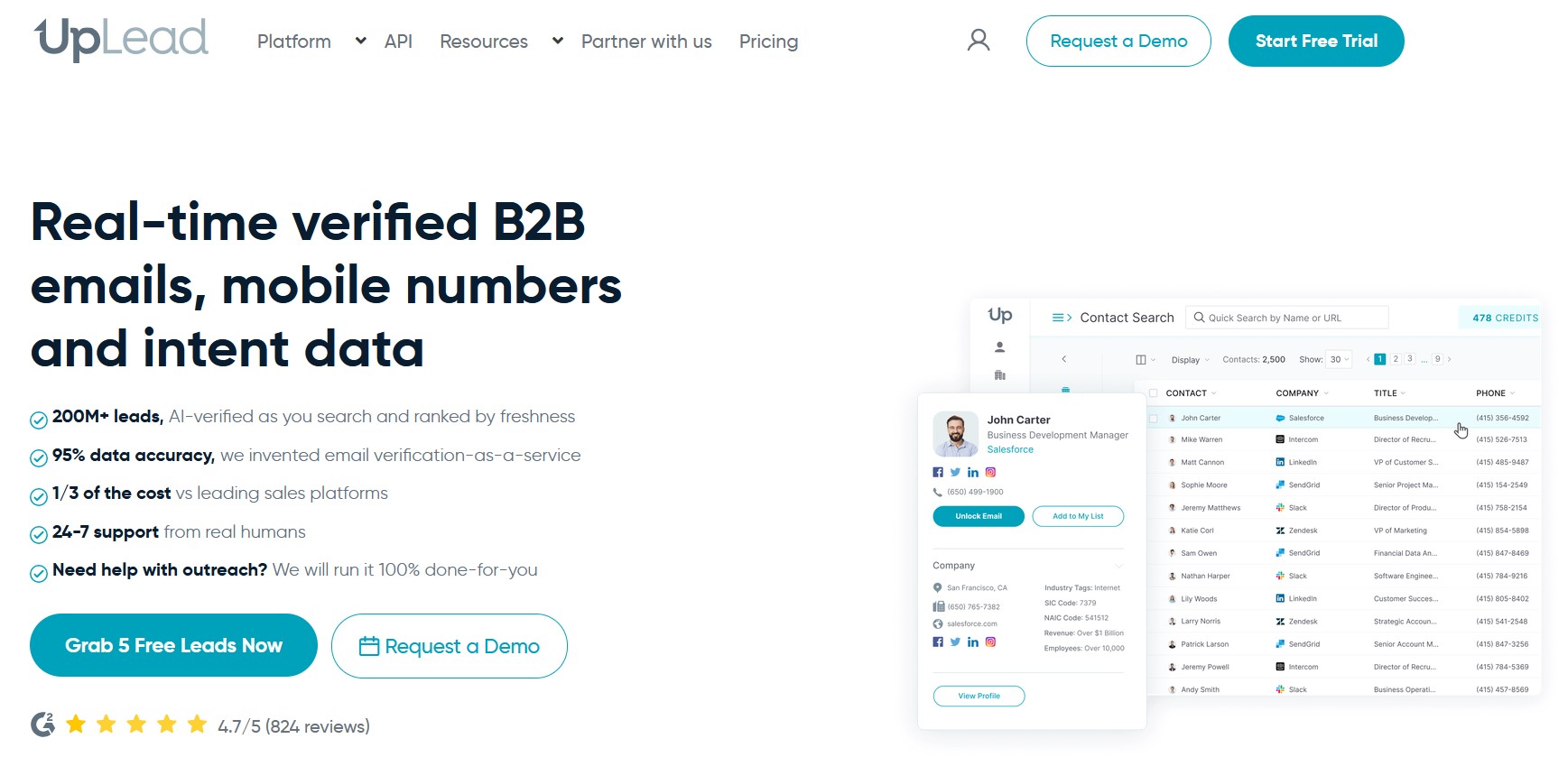 UpLead homepage - a RocketReach alternative with real-time verification and a 95 percent accuracy guarantee.