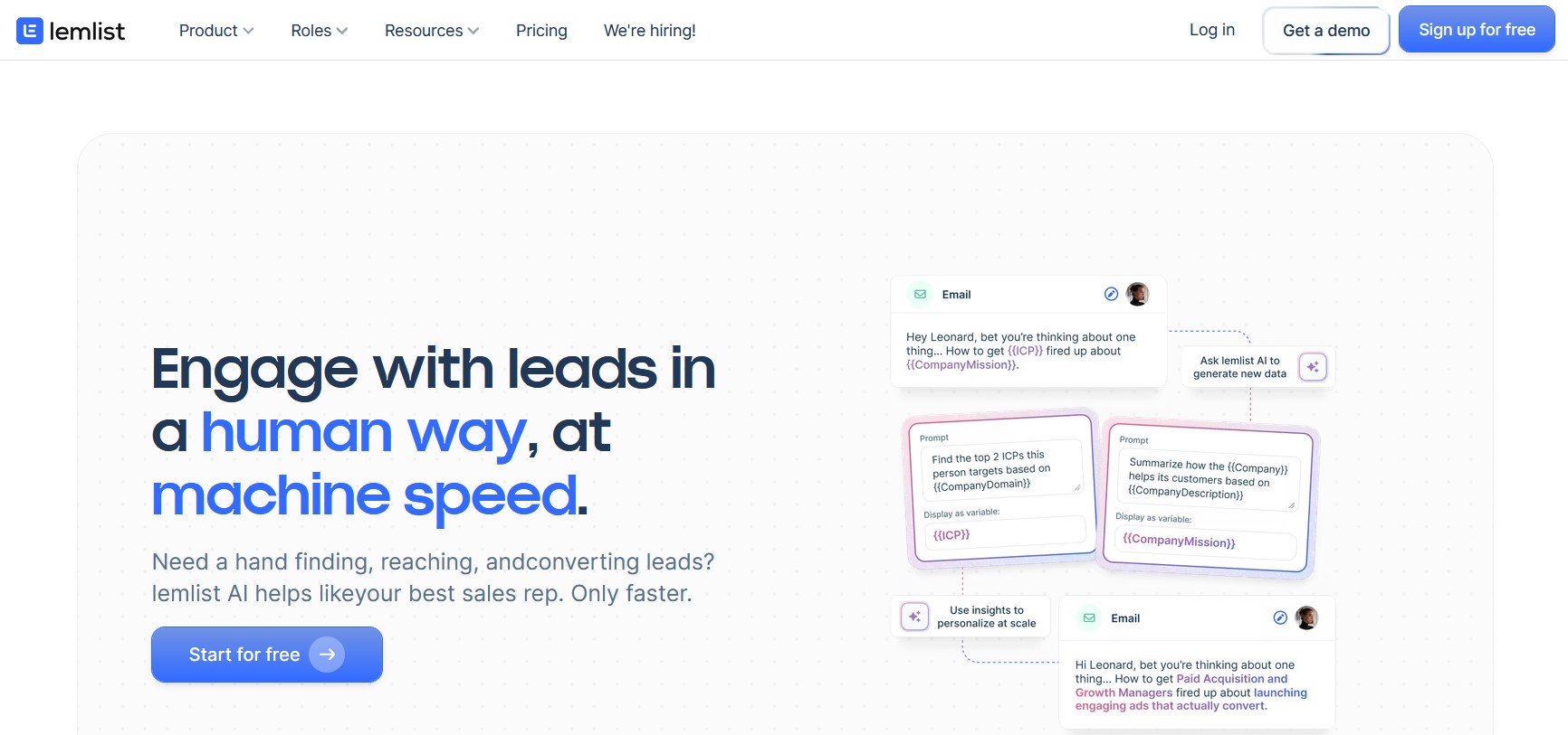 Lemlist homepage - multichannel Saleshandy alternative with dynamic image and video personalization.